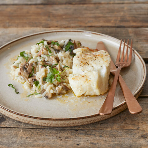 Skrei met risotto en paddenstoelen